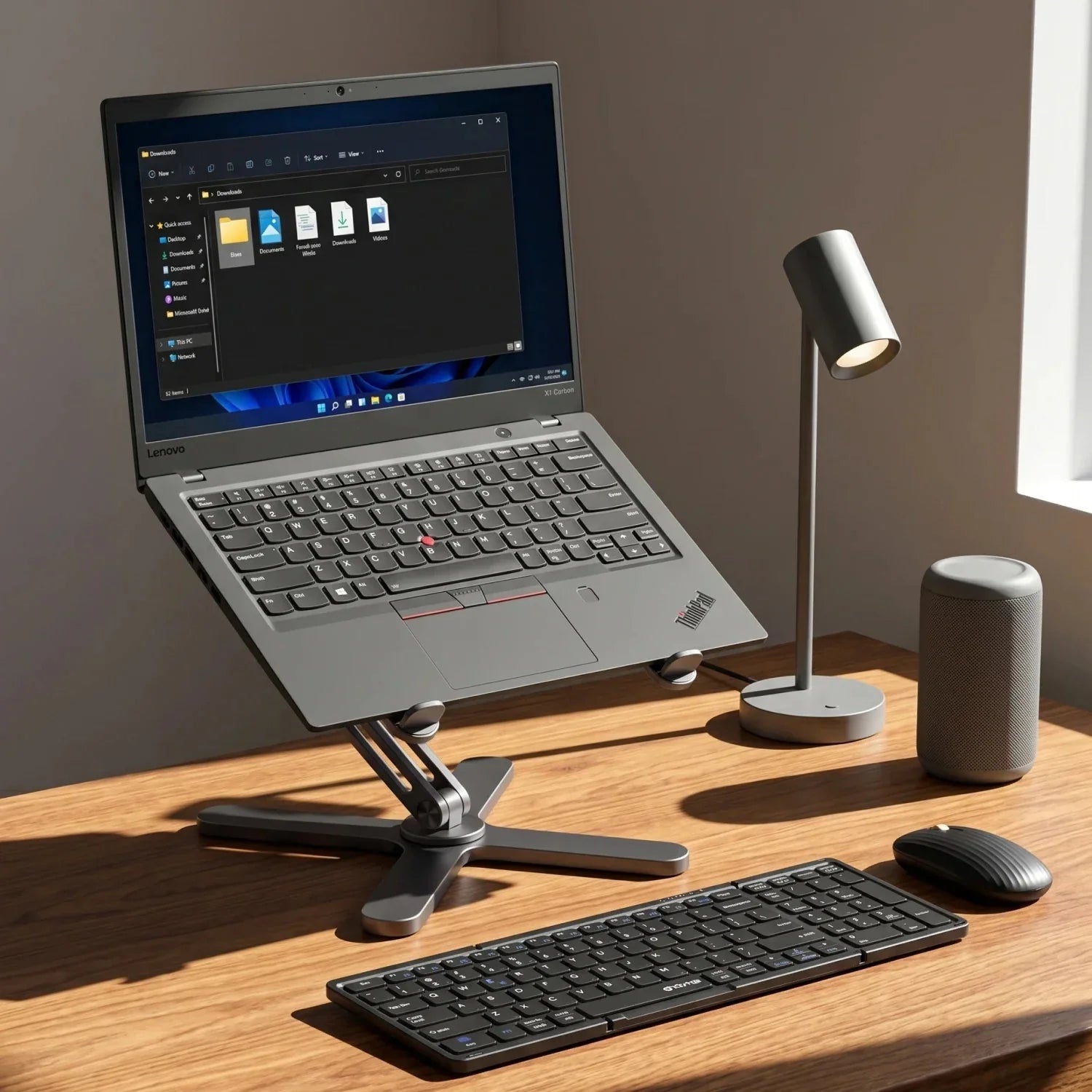 The Ultimate Nomadic Workspace™ | Foldable Keyboard & Mechanical Swivel Stand Combo - Angle View